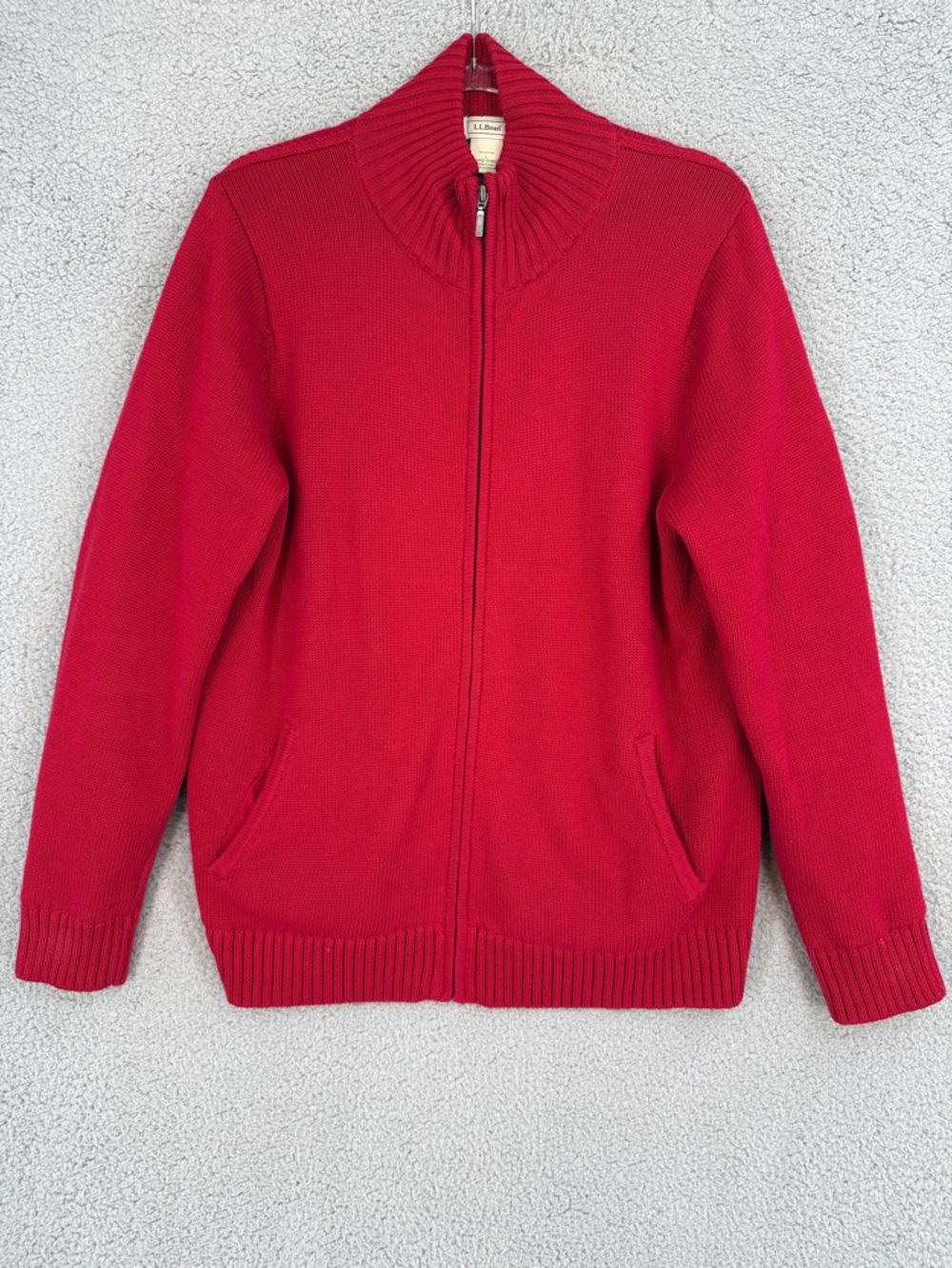 L.L. Bean Men’s Large long sleeve full zip Knit sweater Bright Red plaid lining